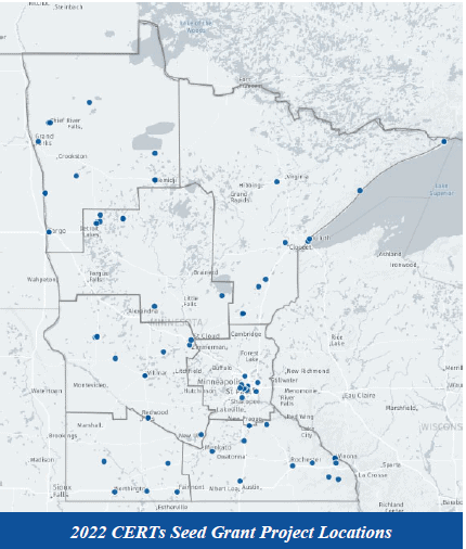 22 Map Showing Locations Of 2022 Certs Seed Grant Projects In Minnesota, Marked With Blue Dots.