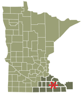 Channel One Regional Food-Bank-Map-Graphic-2024 Map Of Minnesota With A Red Asterisk Marking Southeast Region.