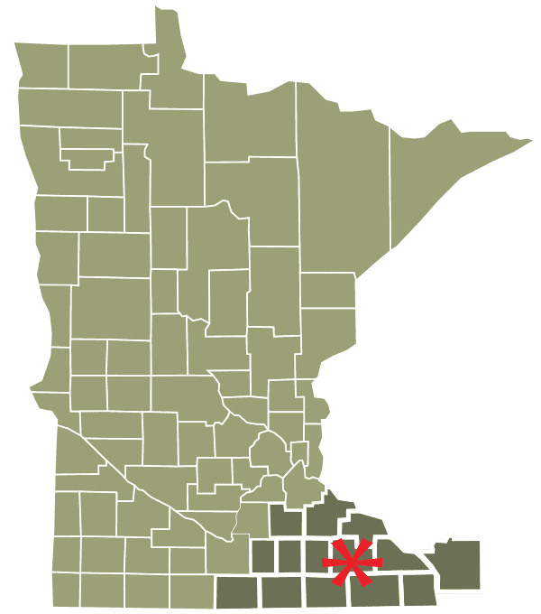 Channel One Regional Food-Bank-Map-Graphic-2024 Map Of Minnesota With A Red Asterisk Marking Southeast Region.