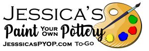 Jessica++New+Logo+11+5+2020 Logo For Jessicas Paint Your Own Pottery To-Go With Website Jessicaspyop.com, Featuring A Paint Palette With Multicolored Paints And A Brush.