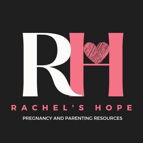 Rachels Hope Logo: Large White R And Pink H With A Heart In The Middle. Text Below Reads Pregnancy And Parenting Resources. Black Background.
