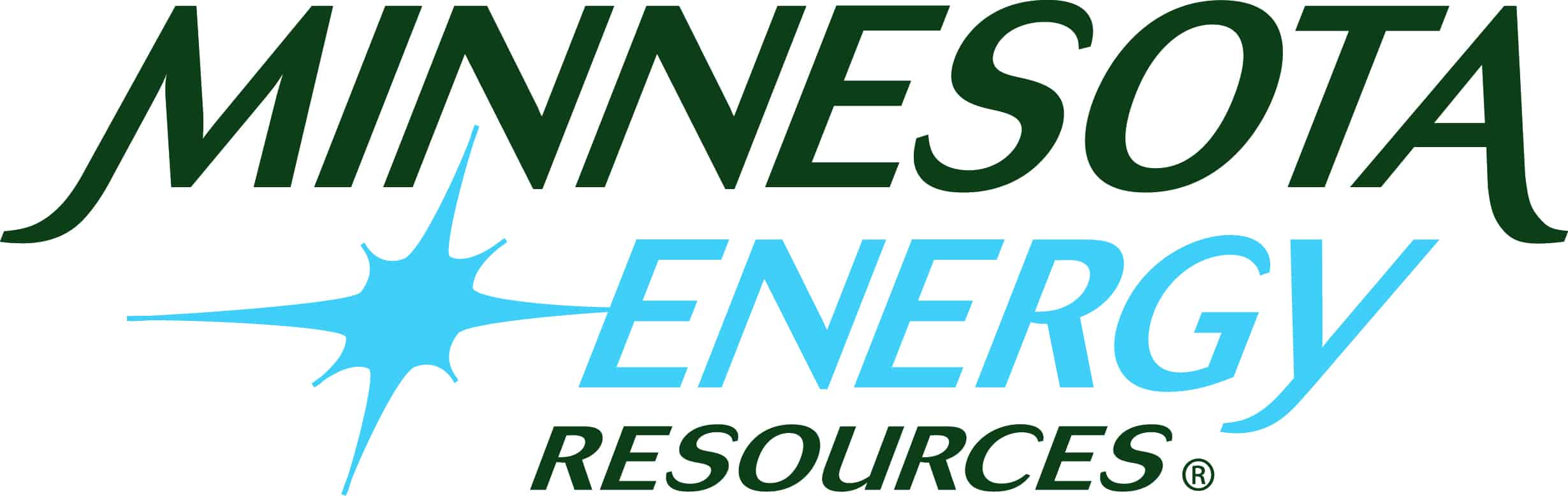 Minnesota Energy Resources Logo With Dark Green Minnesota And Light Blue Energy Text And A Light Blue Star Graphic.