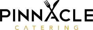 Logo Of Pinnacle Catering With The Word Pinnacle In Bold Black, Featuring A Fork And Knife Design, And Catering In Gold Below.