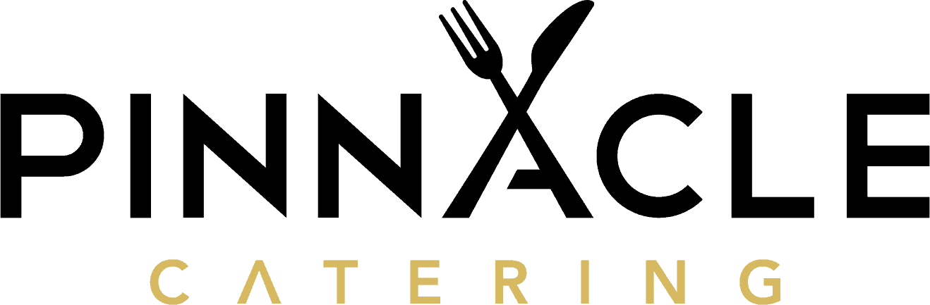 Logo Of Pinnacle Catering With The Word Pinnacle In Bold Black, Featuring A Fork And Knife Design, And Catering In Gold Below.