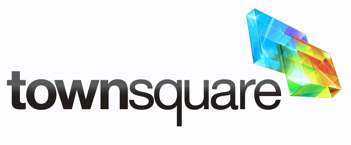 Logo Of Townsquare With Stylized, Colorful Geometric Shapes Resembling Crystals On The Top Right.