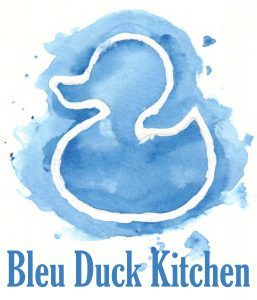 Blue Duck Outline With Watercolor Effect Above The Text Bleu Duck Kitchen.