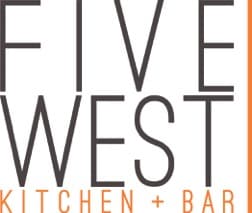 Logo Of Five West Kitchen + Bar With Stylized Text On A White Background.