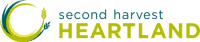 Logo Of Second Harvest Heartland With A Stylized Yellow Crescent And Wheat On A Green Background.