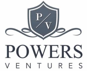 Logo Of Powers Ventures Featuring A Shield Emblem With P/V And Ornamental Design Elements.