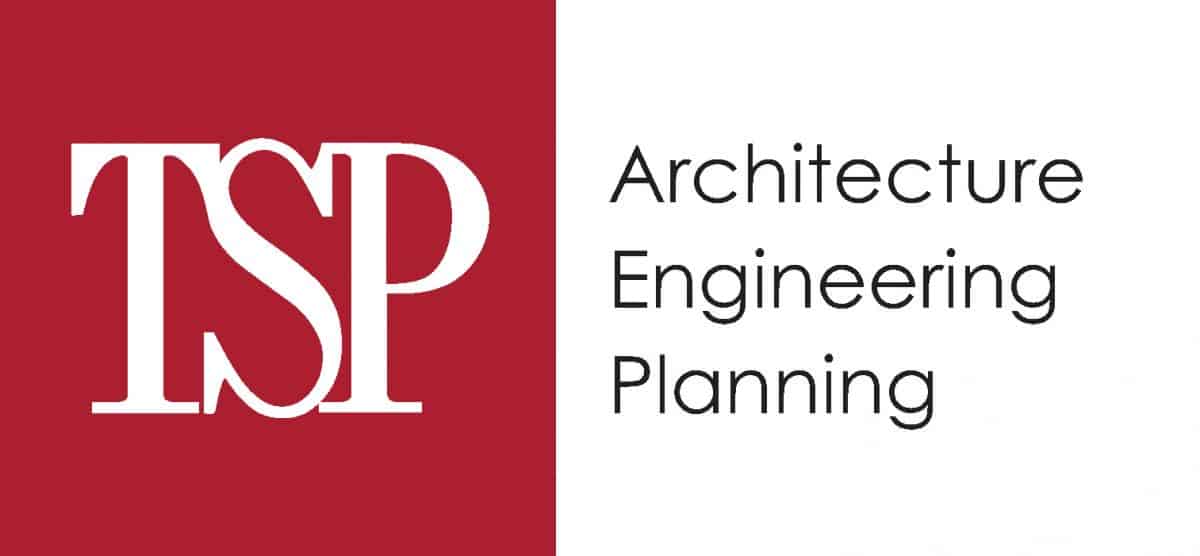 Logo With White Tsp Letters On A Red Background. Text On The Right Reads Architecture Engineering Planning On A White Background.